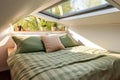 a tiny homes cozy sleeping area with skylight