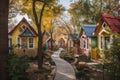 a tiny house community filled with whimsical, colorful homes in a park setting