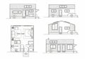 Tiny house design schematic showing multiple elevations and a Royalty Free Stock Photo