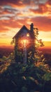 tiny house with glowing light bulb at sunset, nature concept Royalty Free Stock Photo