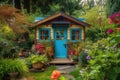 tiny house in lush, colorful garden setting