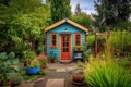 tiny house in lush, colorful garden setting