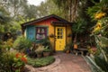 tiny house in lush, colorful garden setting