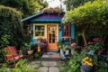 tiny house in lush, colorful garden setting