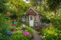 tiny house in lush garden, with colorful flowers and greenery Royalty Free Stock Photo