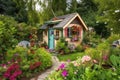 tiny house in lush garden, with colorful flowers and greenery Royalty Free Stock Photo