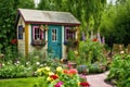 tiny house in lush garden, with colorful flowers and greenery Royalty Free Stock Photo