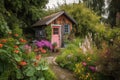 tiny house in lush garden, with colorful flowers and greenery Royalty Free Stock Photo