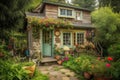 tiny house in lush garden, with colorful flowers and greenery Royalty Free Stock Photo