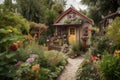 tiny house in lush garden, with colorful flowers and greenery Royalty Free Stock Photo