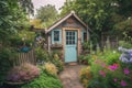 tiny house in lush garden, with colorful flowers and greenery Royalty Free Stock Photo