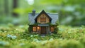 Tiny house model nestled in green grass creating a charming scene of a miniature home in nature, outdoor downsizing image