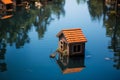 Tiny house models stand beside a serene pool of water