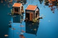 Tiny house models stand beside a serene pool of water