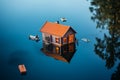 Tiny house models stand beside a serene pool of water