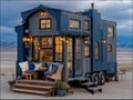 A tiny house at night, illuminated by string lights, starry sky, and a crackling campfire outside Royalty Free Stock Photo