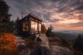 tiny house perched atop a mountain, surrounded by breathtaking scenery