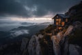 tiny house perched atop a mountain, surrounded by breathtaking scenery