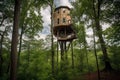 tiny house perched atop towering tree, with a view of the forest below