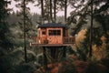 tiny house perched atop towering tree, with a view of the forest below