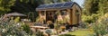Tiny house with solar system in the garden, panoramic view, Generative AI Royalty Free Stock Photo