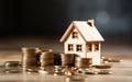 Tiny House on Stacked Coins Table. Generative AI