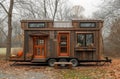 Tiny house on wheels in serene countryside setting, cottage downsizing picture Royalty Free Stock Photo