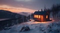 tiny house in winter mountain. generative ai. Royalty Free Stock Photo