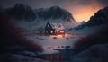 tiny house in winter mountain. generative ai. Royalty Free Stock Photo