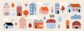 Tiny houses. City elements, town buildings, cute small doodle style drawing village, neighborhood, vintage tree