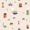 Tiny houses seamless pattern vector illustration. Little buildings, trees, mountains, cloud landscape endless background Royalty Free Stock Photo