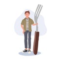 Tiny Human Holding a Fork. Tiny man with giant kitchen Utensils