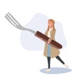 Tiny Human Holding a Fork. Tiny woman with giant kitchen Utensils