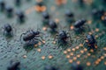 Tiny insects navigating a circuit board filled with electrical components and patterns Royalty Free Stock Photo