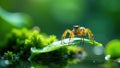 A tiny jumping spider delicately perched atop a dew-kissed leaf, reflecting in the tranquil water below, a vibrant display of Royalty Free Stock Photo
