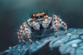 This tiny jumping spider, with striking blue and orange markings, is resting on a leaf and Royalty Free Stock Photo