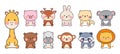 Tiny kawaii zoo animals. Cute animal, zoo characters stickers in korean or japanese graphic style. Giraffe, leo, raccoon