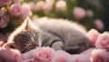 A tiny kitten with a coat as soft as silk, snoozing soundly amidst a bed of lush pink roses,