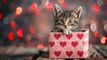 Cute tabby kitten sitting in heart gift box Royalty Free Stock Photo