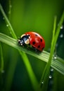 A tiny ladybug crawling along a blade of grass with water drops , generated by AI. Royalty Free Stock Photo