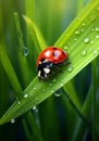 A tiny ladybug crawling along a blade of grass with water drops , generated by AI. Royalty Free Stock Photo