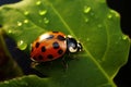 Tiny ladybug crawls along the leafs border, a minuscule explorer Royalty Free Stock Photo