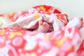 Tiny leg newborn baby in pink diapers Royalty Free Stock Photo