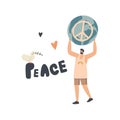 Tiny Male Character Carry Huge Peace Symbol. Hippie or Pacifist Man Humanity Propaganda, Stop War Pacific Concept