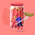 Tiny Male Character Holding Huge Pickle on Fork Stand at Glass Jar with Marinated Red Chili Peppers