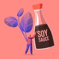 Tiny Male Character Holding Huge Soy Bean Sauce in Bottle. Chinese or Japanese Condiment, Asian Food Spice Royalty Free Stock Photo