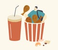 Tiny Male Character Sitting in Huge Bucket with Chicken Legs and Cup with Soda Drink. Fat Man Eating Street Fast Food