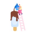 Tiny Male Character Stand on Ladder Pour Chocolate on Huge Popsicle Ice Cream on Wooden Stick