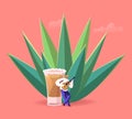 Tiny Male Character Wearing Sombrero Playing Guitar stand at Huge Agave Azul Plant and Tequila Shot with Salt
