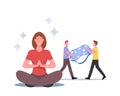 Tiny Male Characters Carry Huge Sleeping Mask, Woman Meditate for Healthy Sleeping. Rules for Good Night, Lifestyle